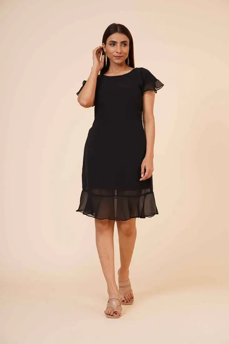 Women's half sleeves round - neck georgette midi casual dress black