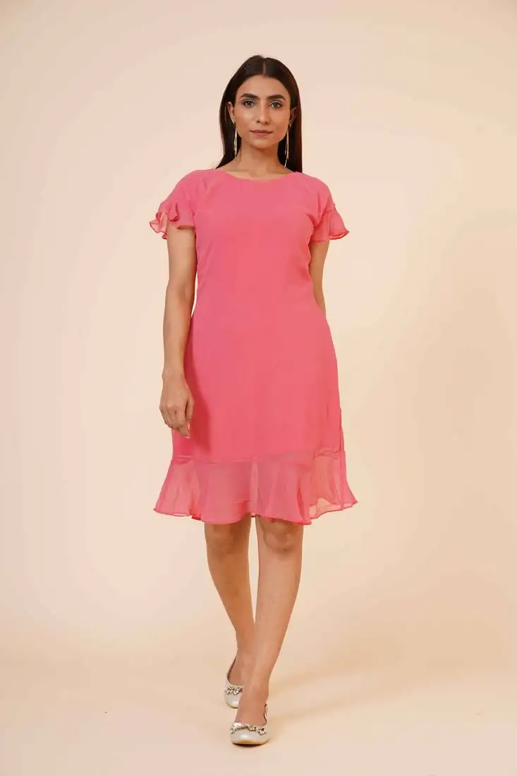 Women's half sleeves round - neck georgette midi casual dress peach