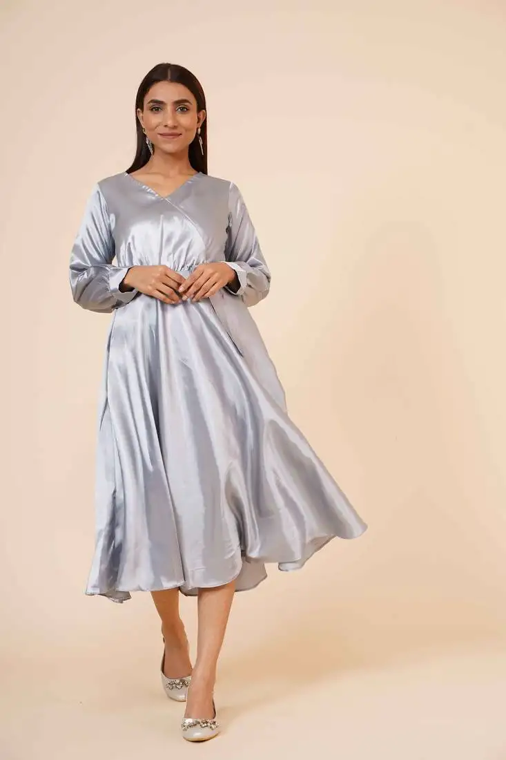 Women's empire line with cuff satin wrap dress grey