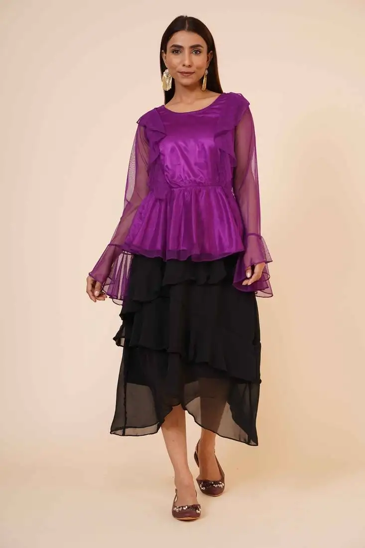 Women's net party long ruffle sleeves top