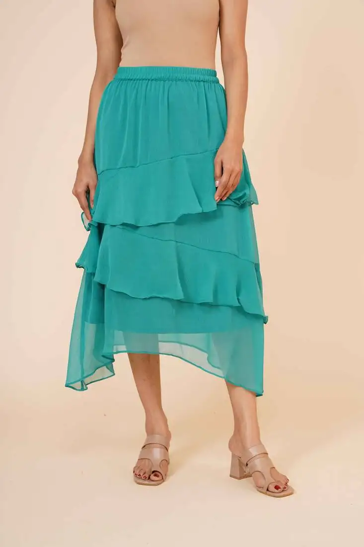 Women's chiffon ruffle skirt with elastic in dark green