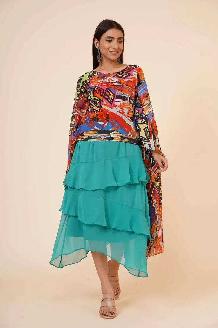 Women's digital printed georgette party long asymmetrical kimono sleeves top with inner