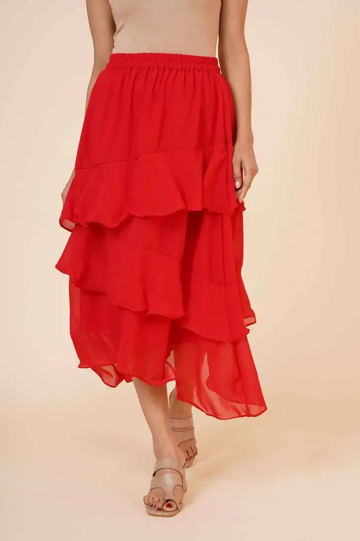 Women's chiffon ruffle skirt with elastic in red