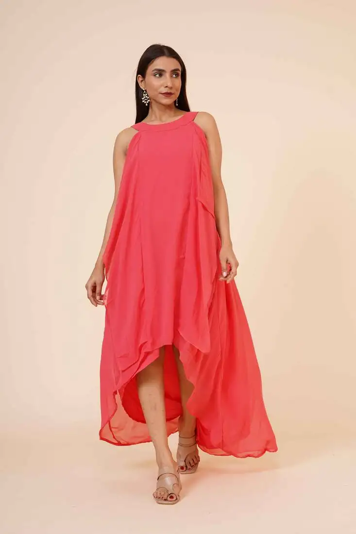 Women's halter neck ruffle drape georgette party:: evening gown in peach