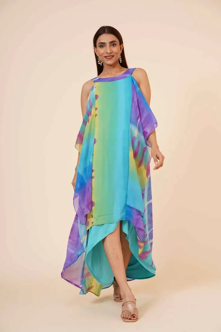 Women's halter neck ruffle drape printed georgette party:: evening dress in multicolor