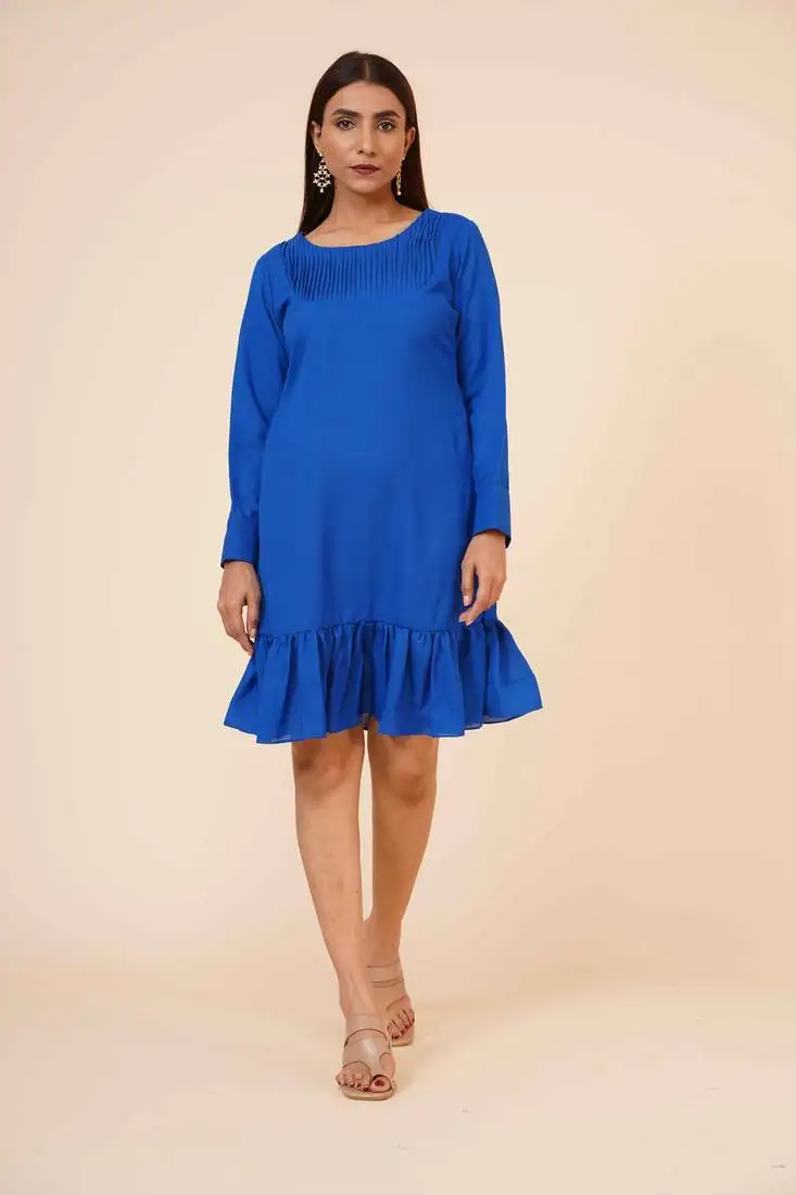 Women's pin tucks georgette midi casual dress cobalt blue