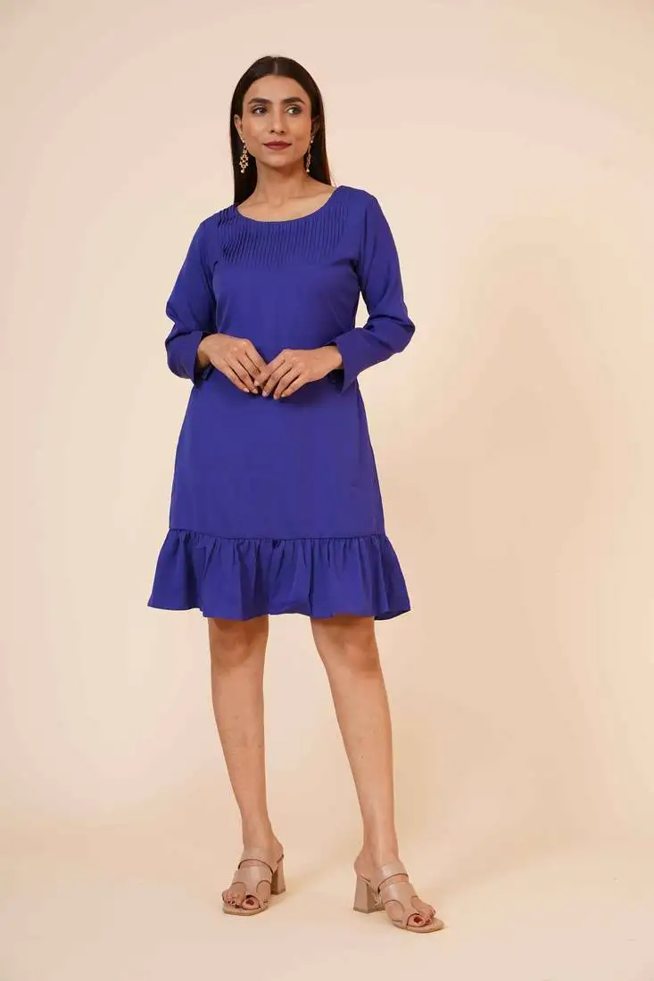 Women's pin tucks georgette midi casual dress blue