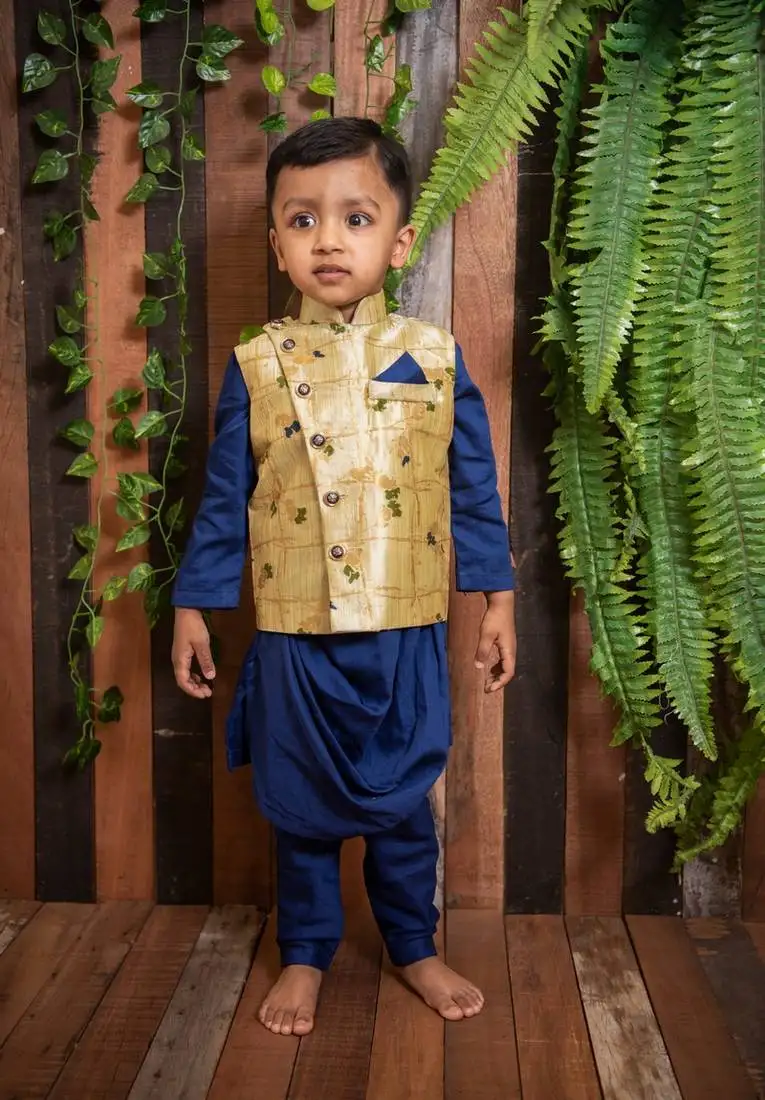 Navy blue kurta churidar with nehru jacket for boys