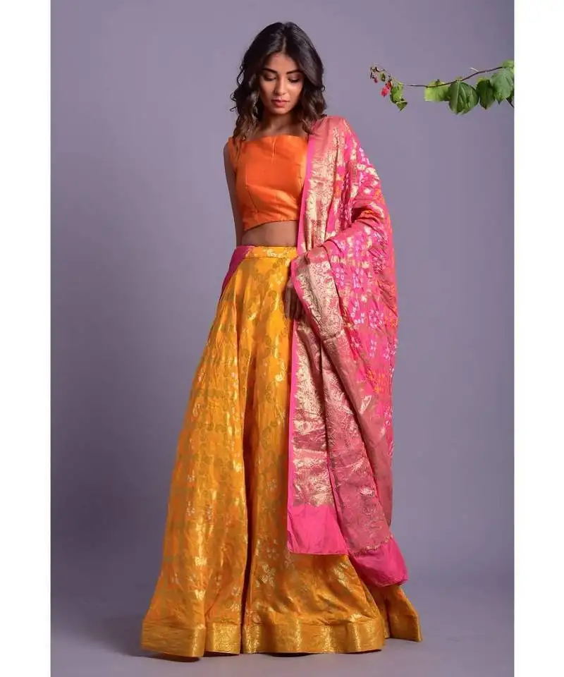Yellow woven silk readymade-lehenga-cholis