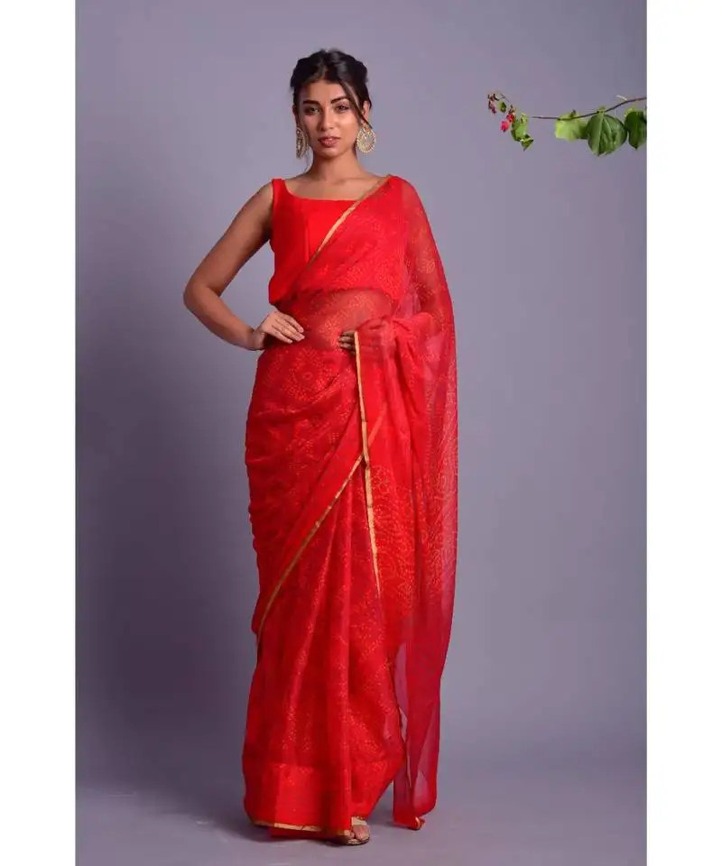 Red printed bandhej chiffon saree with blouse