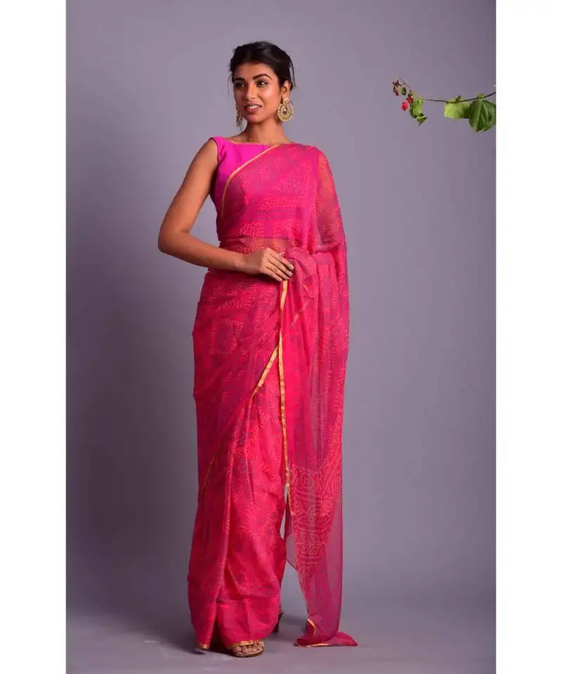 Pink printed bandhej chiffon saree with blouse