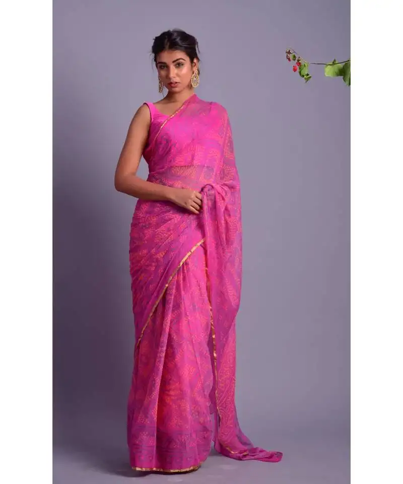 Purple printed bandhej chiffon saree with blouse