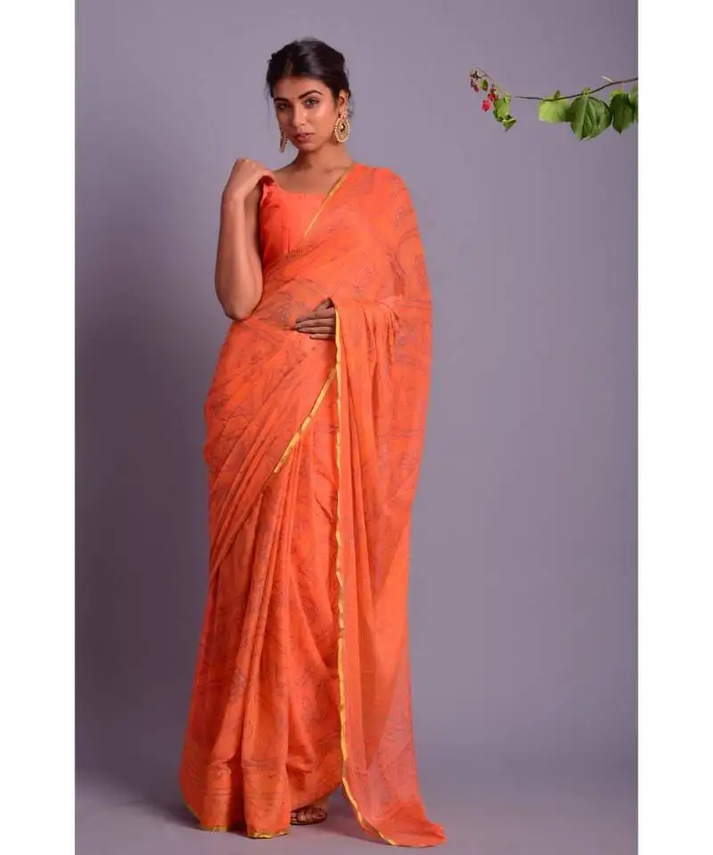 Peach printed bandhej chiffon saree with blouse