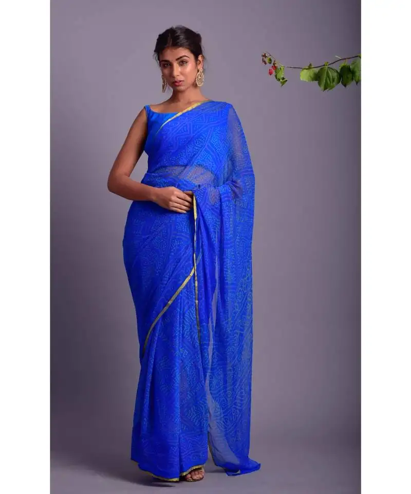 Blue printed bandhej chiffon saree with blouse
