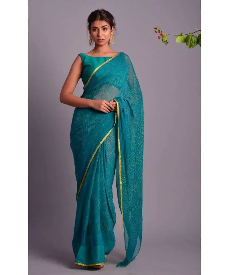 Green printed bandhej chiffon saree with blouse