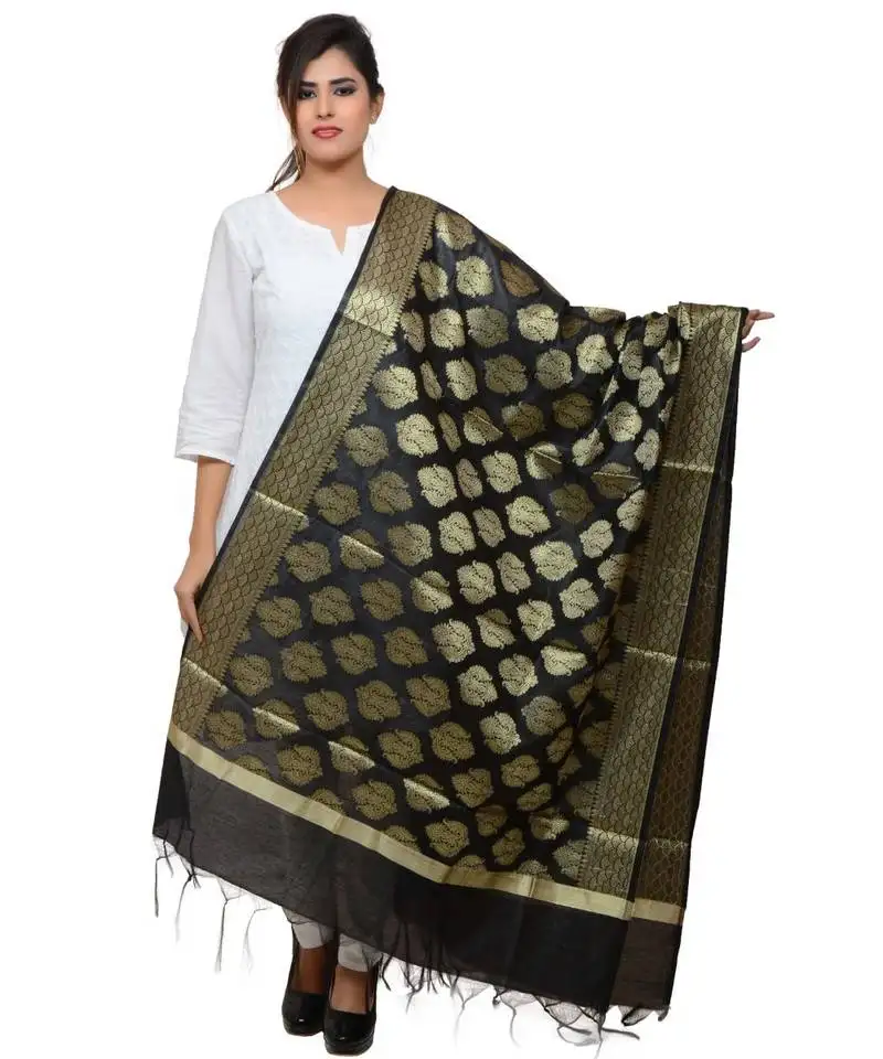 Women's black banarasi kora silk zari dupatta