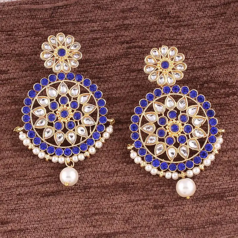 Traditional gold plated chandbali earrings encased with faux kundans for women::Girls