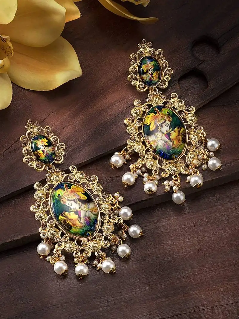 Traditional navratri lord radha-krishna pearl earrings for women