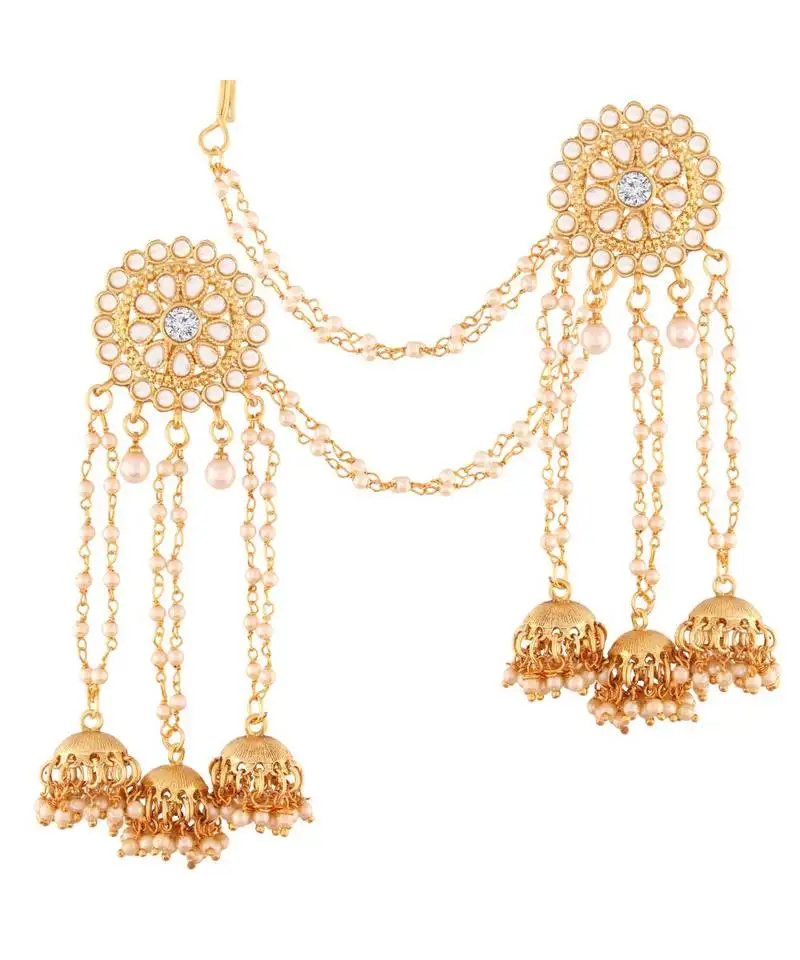 Traditional gold plated kundan & pearl with hair chain bhahubali earrings for women