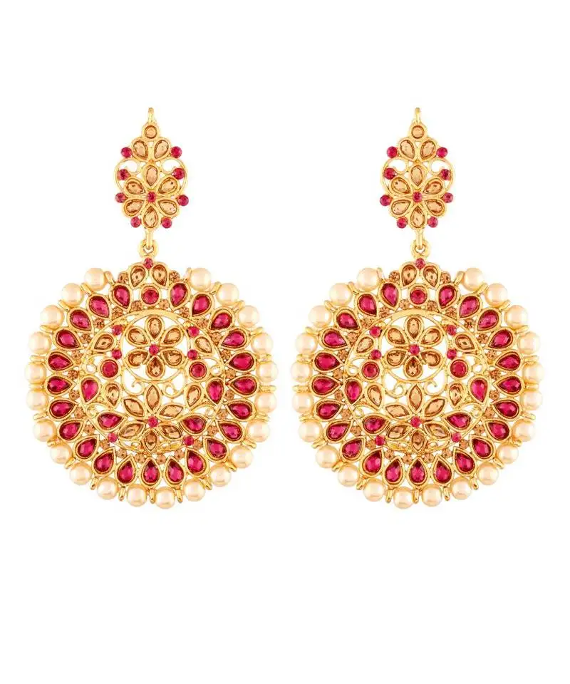 Traditional gold plated kundan & pearl chandbali earrings for women
