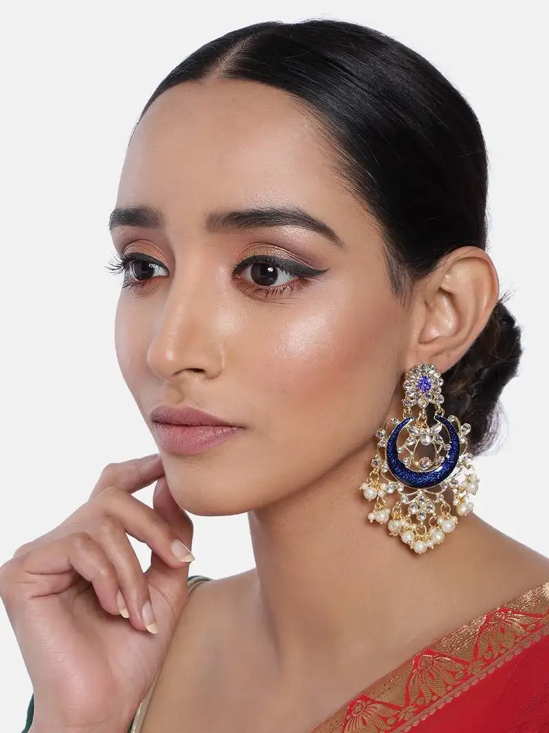 Blue meena work earring glided with kundan & pearls