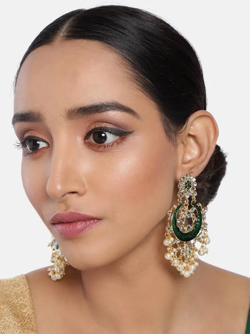 Traditional handcrafted green meena work earring glided with kundan & pearls