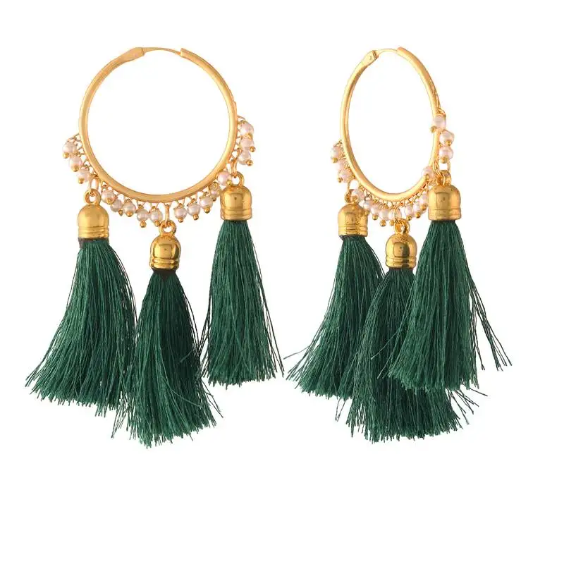 Gold plated silk thread tassel hoop earrings for women
