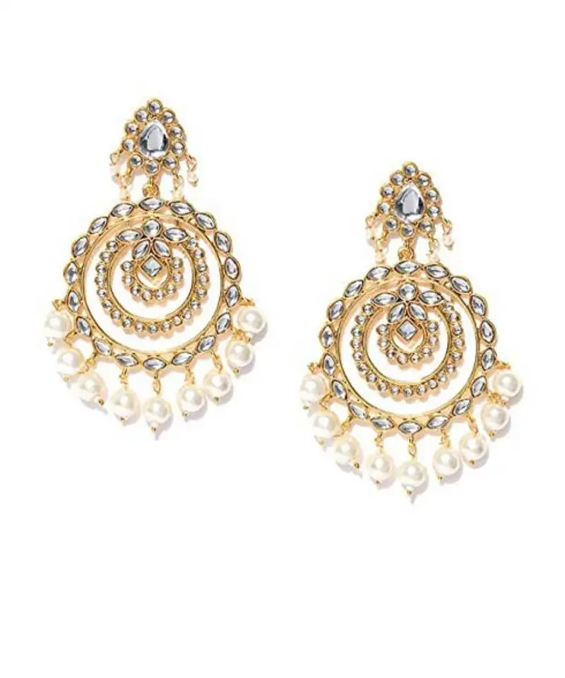 Gold plated traditional chandbali drop kundan & pearl jewellery earring for women
