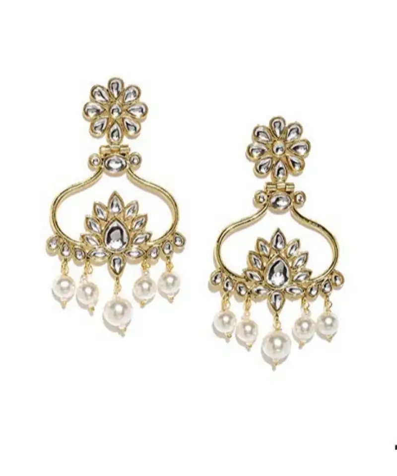 Gold plated traditional floral drop kundan & pearl jewellery earring for women