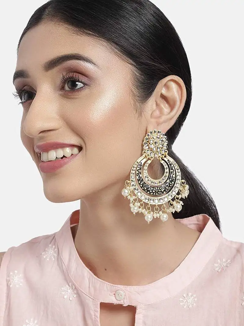 High matt finish big chandbali kundan & pearl meenakari earrings for women