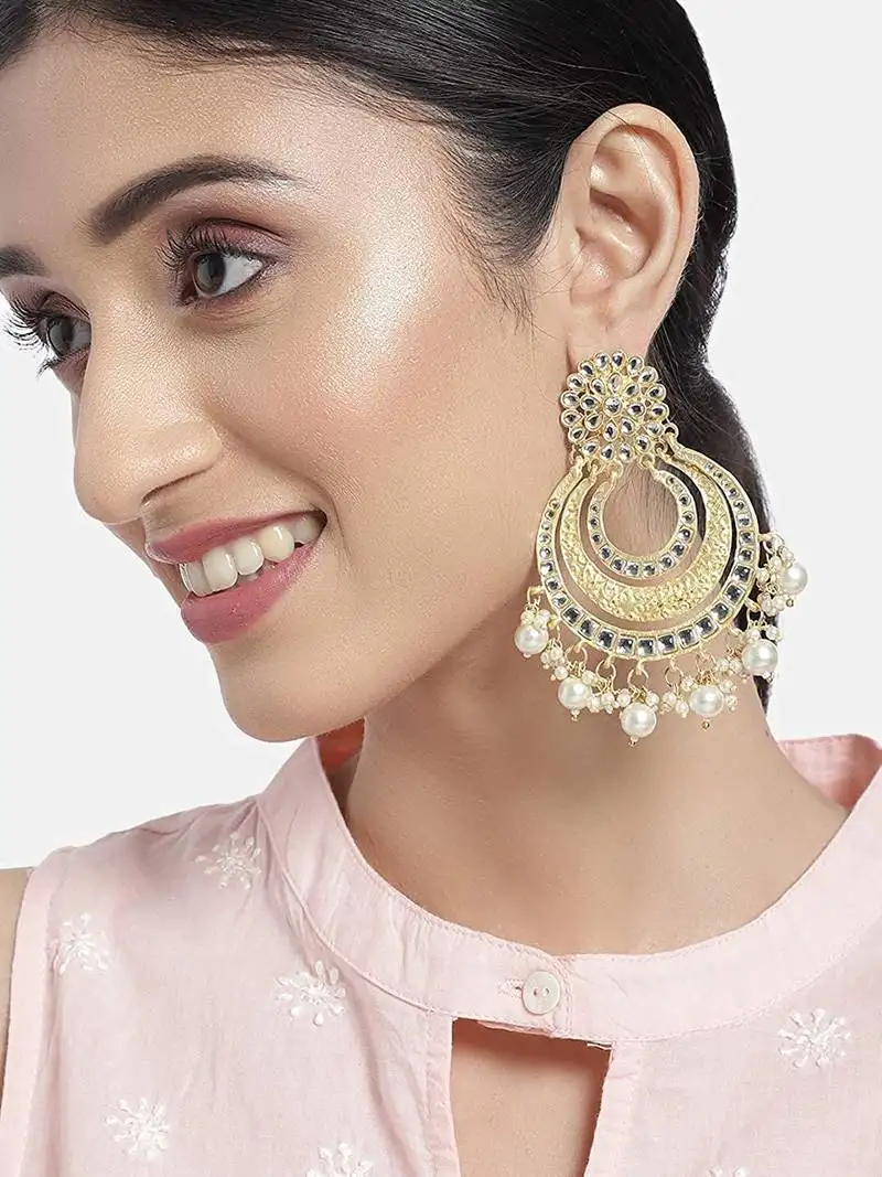 Traditional matt finish plated big chandbali kundan & pearl meenakari earrings for women