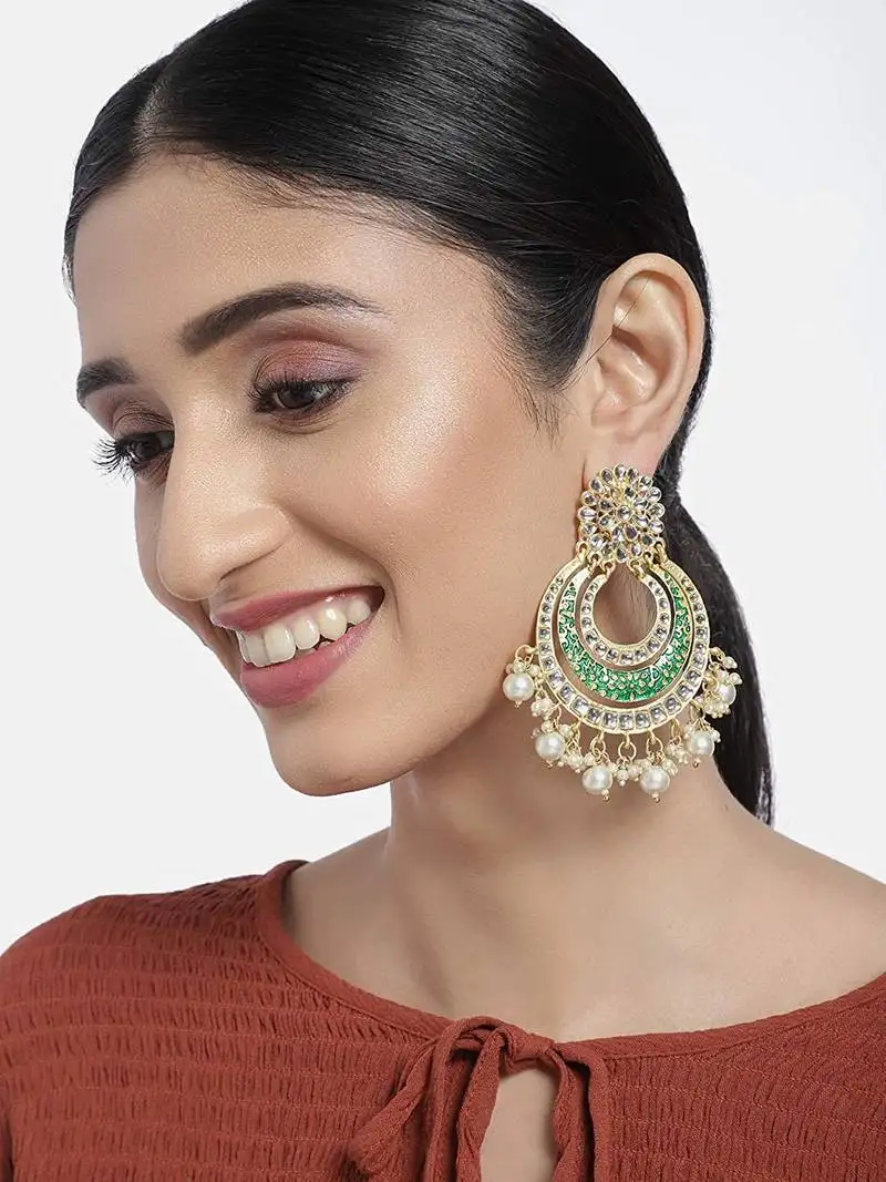 High gold matt finish plated big chandbali handmade green enamel::Meenakari kundan & pearl earrings for women