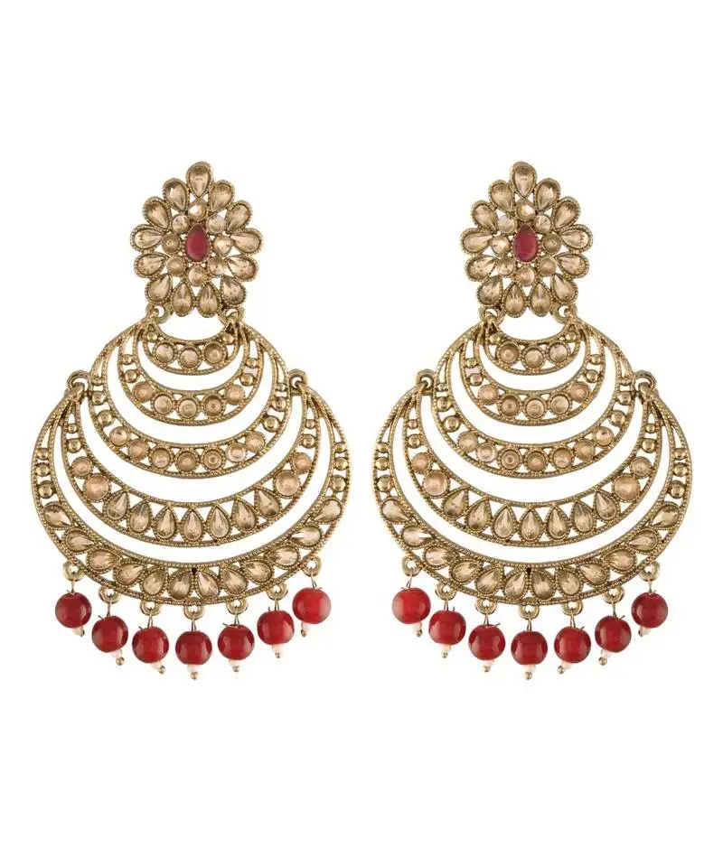 Antique finish encased with kundan & faux pearl chandbali earrings for women