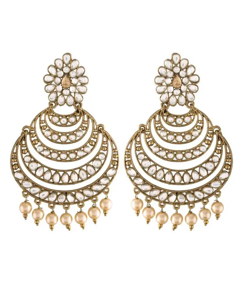 Gold plated with stunning antique finish encased with kundan & faux pearl chandbali earrings for women