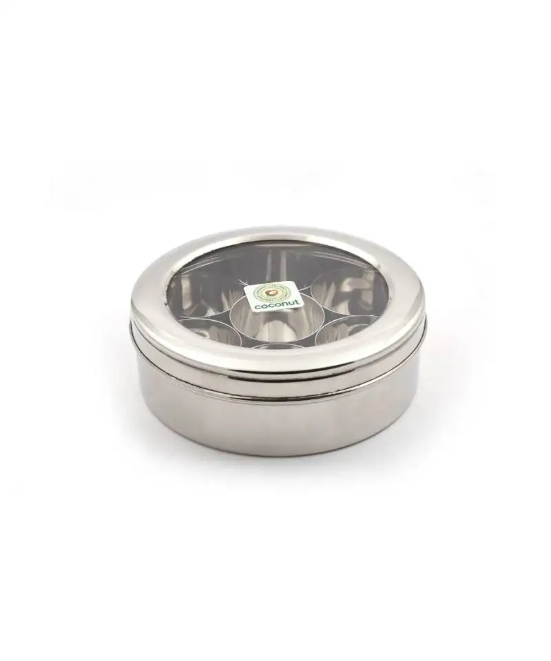 Kclcoconut stainless steel masala box with see through break resistant acrylic lid(120 gm , 9 inches wide) - 7 cups