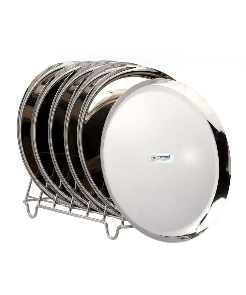 Coconut stainless steel plain saffron round plates::Thali diameter 22 cms - 6 units