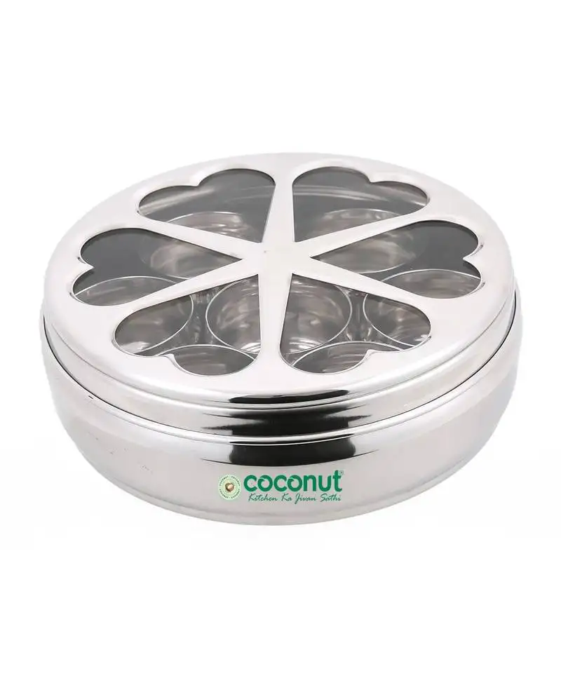 Coconut stainless steel flora spice container::Masala box with 7 bowls diamater- 19 cm