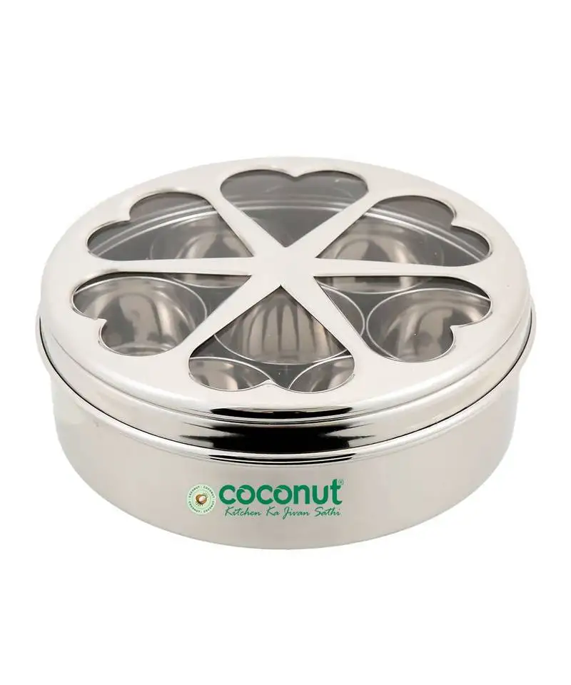 Coconut stainless steel flora indian spice container::Masala box with 7 bowls ( round shaped)