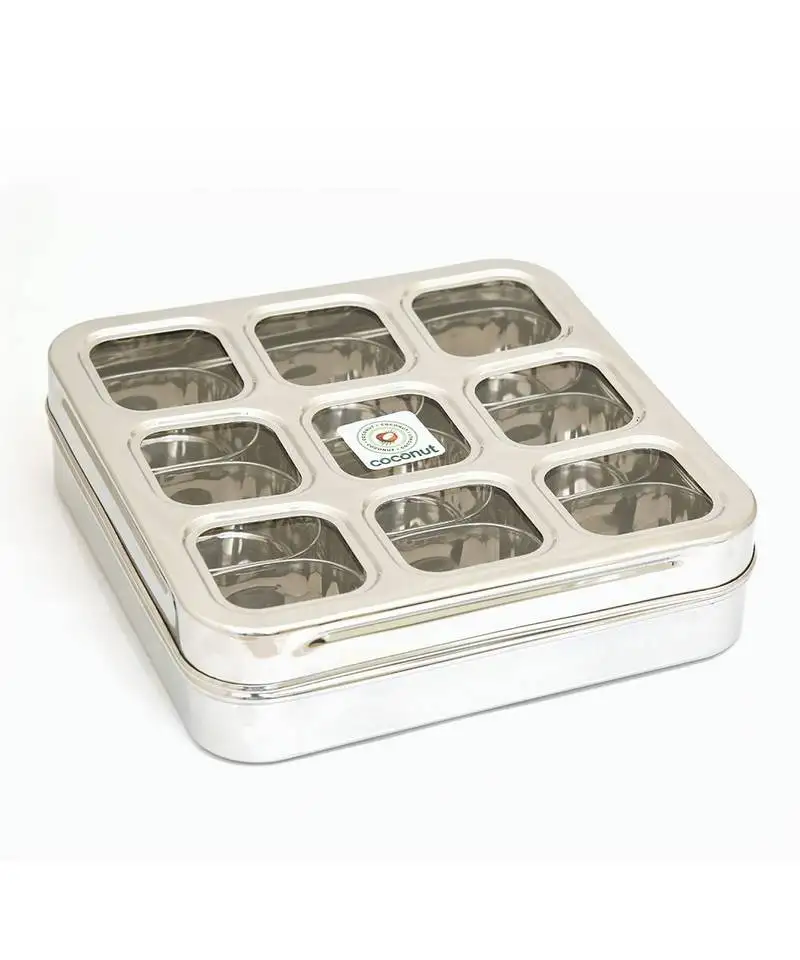 Coconut stainless steel masala box -square cubic see thru lid - spice box - condiment box - 9 partition