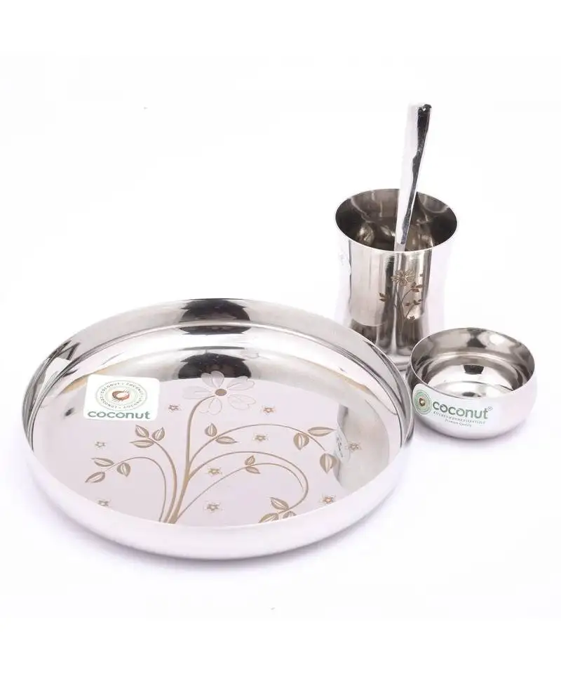 Kids laser dinner set (1-plate ,1-glass , 1-bowl & 1- spoon) 4 pieces - silver , diameter - 7.5 inches