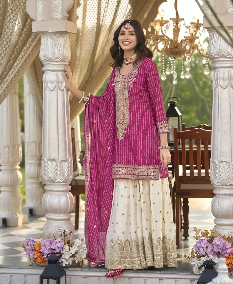New stylish pink chinon sharara suit for women wedding wear semi stitched