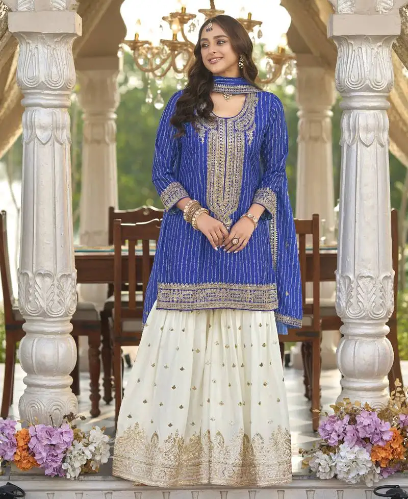 New stylish blue chinon sharara suit for women wedding wear semi stitched