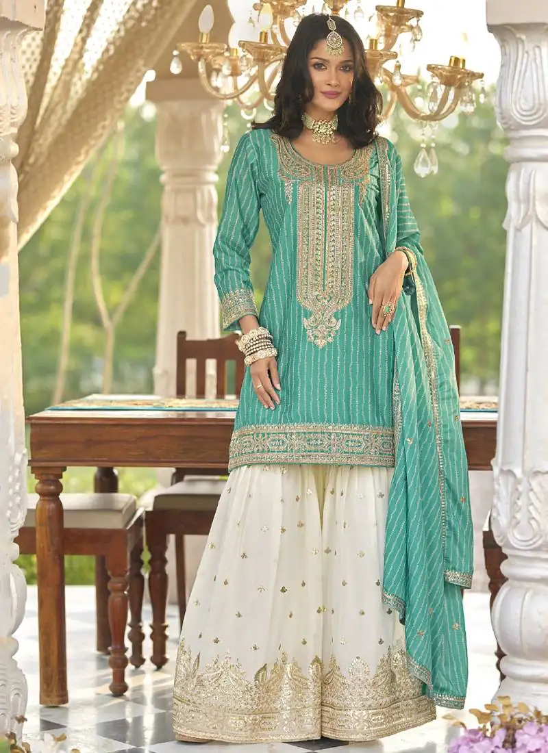 New stylish aqua blue chinon sharara suit for women wedding wear semi stitched