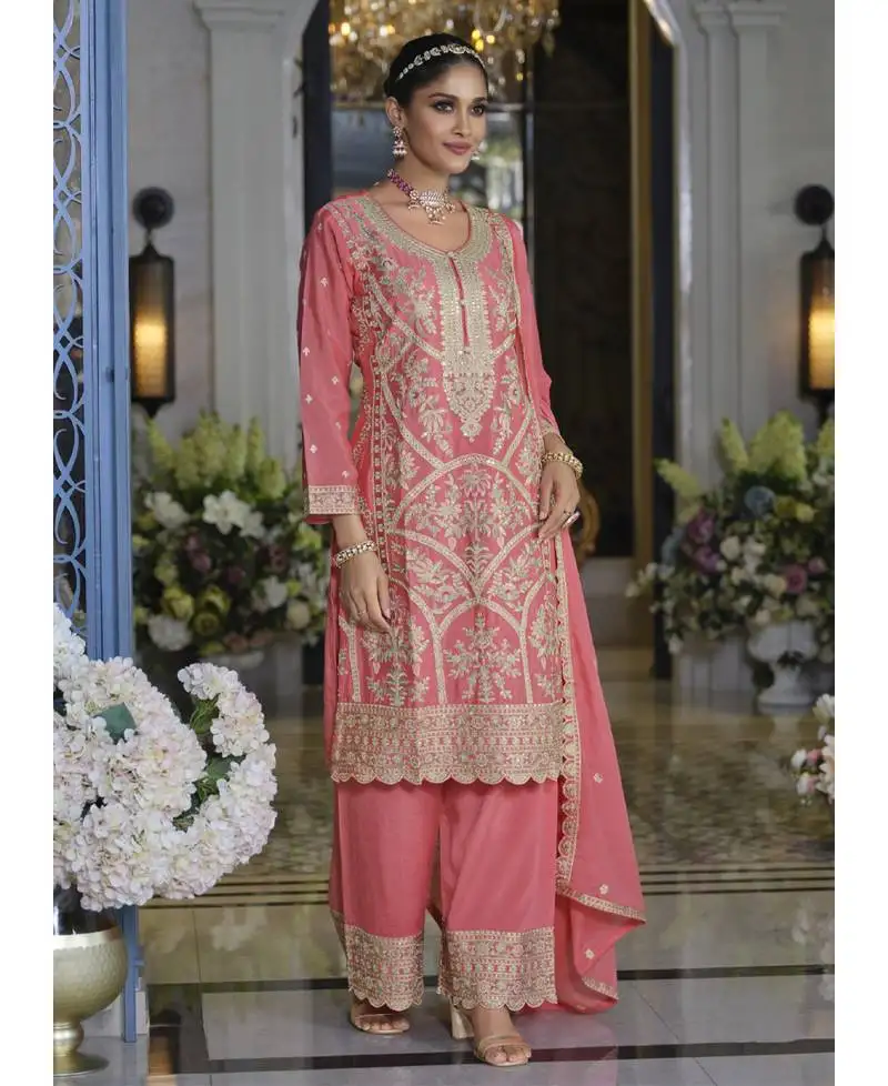 Pakistani style chinon based long straight suit for women festival wear pink semi stitched