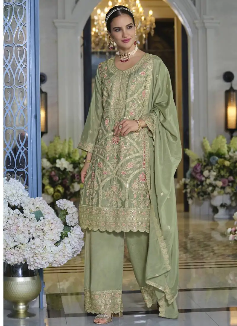 Pakistani style chinon based long straight suit for women festival wear pista green semi stitched