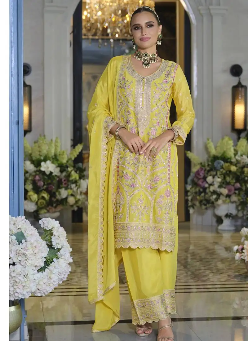 Pakistani style chinon based long straight suit for women festival wear yellow semi stitched