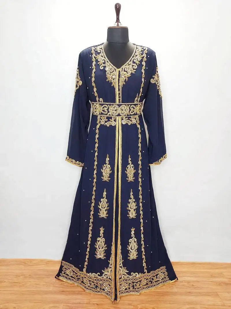 Navy blue luxurious moroccan kaftan with sun-proof hijab.