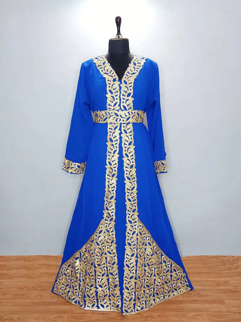 Royal blue luxurious moroccan kaftan with sun-proof hijab.