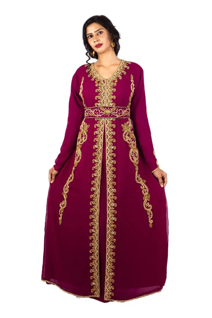 Wine luxurious moroccan kaftan with sun-proof hijab.