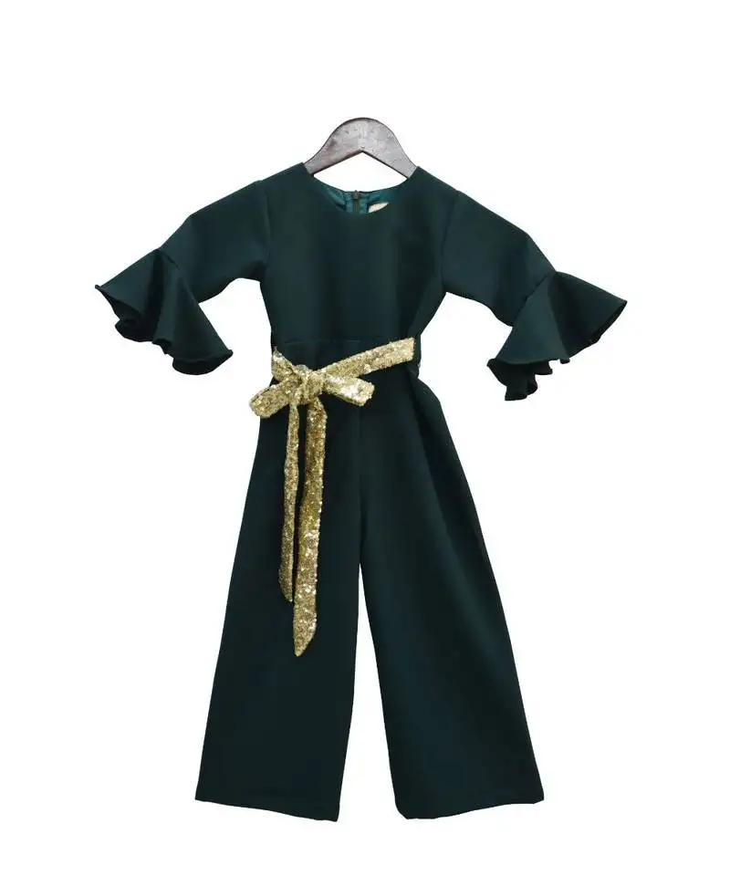 Emerald green bubble georgette jumpsuit for girls
